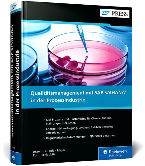 „Qualitätsmanagement mit SAP S/4HANA in der Prozessindustrie“. Abgebildet: Laborschale mit Pipette, SAP PRESS Logo.