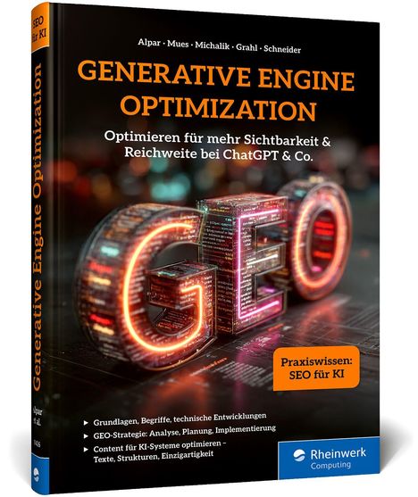 Buchtitel: "Generative Engine Optimization". Text: "Optimieren für mehr Sichtbarkeit & Reichweite bei ChatGPT & Co." Praxiswissen und Logos sichtbar.