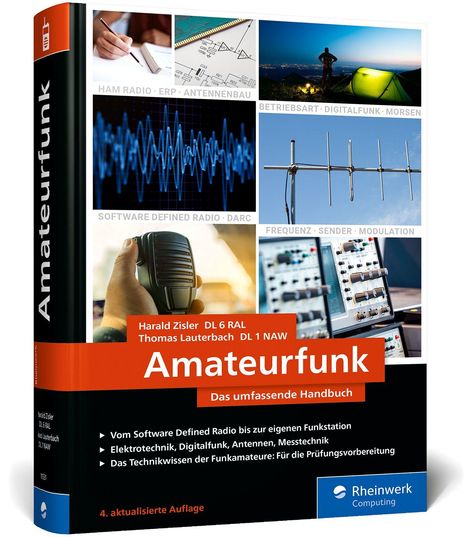 Buchcover "Amateurfunk: Das umfassende Handbuch". Bilder zeigen Funkausrüstung, Antennen und technische Diagramme.