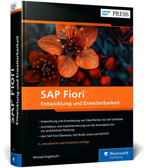 "SAP Fiori: Entwicklung und Erweiterbarkeit", orange Blüten auf dunklem Hintergrund, Buch-Cover von Rheinwerk Publishing.