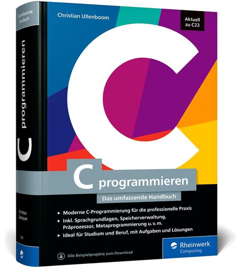Titel: "C programmieren - Das umfassende Handbuch" von Christian Ullenboom. Farbiges abstraktes Design mit großem "C".