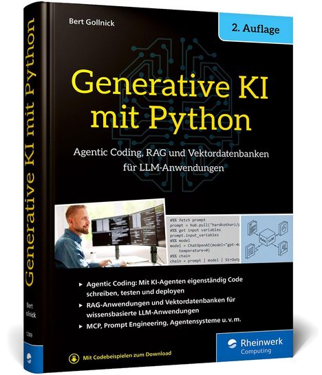 "Generative KI mit Python", 2. Auflage. Agentic Coding, RAG, Vektordatenbanken. Cover zeigt eine Person am Computer.