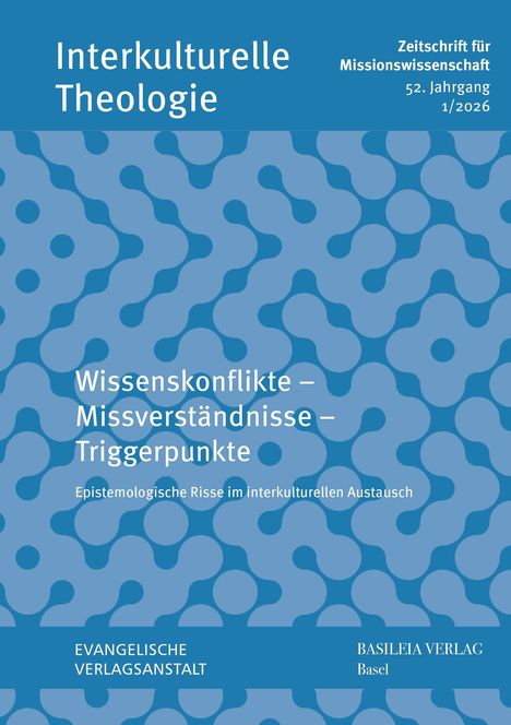 „Interkulturelle Theologie“: Wissenskonflikte, Missverständnisse, Triggerpunkte. Blaues, abstraktes Muster im Hintergrund.