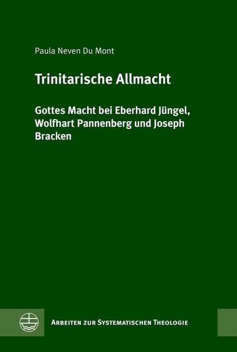 "Trinitarische Allmacht" von Paula Neven Du Mont. Grüner Hintergrund, unteres Logo mit einem stilisierten Kreuz und Wellen.