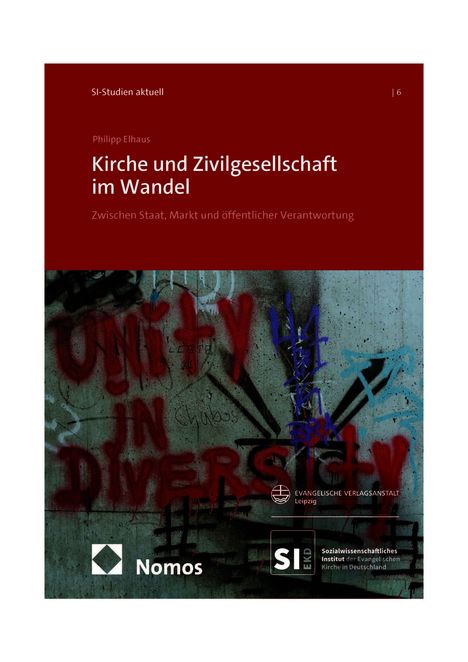 "Kirche und Zivilgesellschaft im Wandel" oben, Graffiti "UNITY IN DIVERSITY" unten, Logos von Nomos und SI.