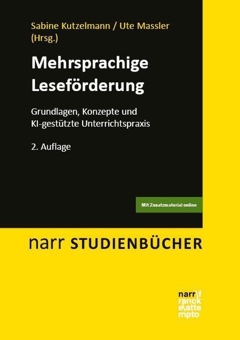 "Mehrsprachige Leseförderung", 2. Auflage. Schwarzer Hintergrund, gelber Rand. Oben zwei Herausgebernamen. Logo unten.
