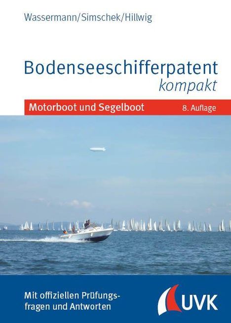 "Bodenseeschifferpatent kompakt" in blauer Schrift. "Motorboot und Segelboot", rote Leiste. Viele Boote auf einem See.