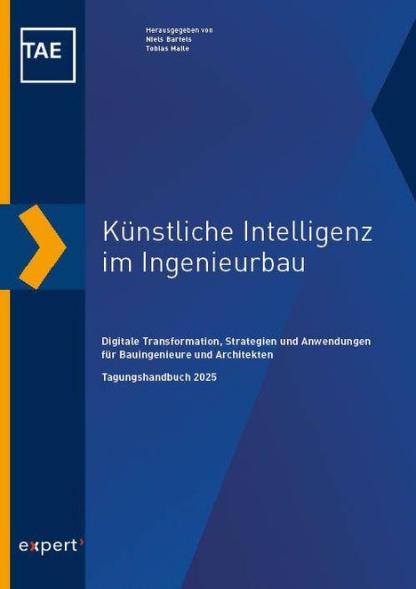 Künstliche Intelligenz im Ingenieurbau, Tagungshandbuch 2025. TAE Logo, blau-orange Gestaltung.