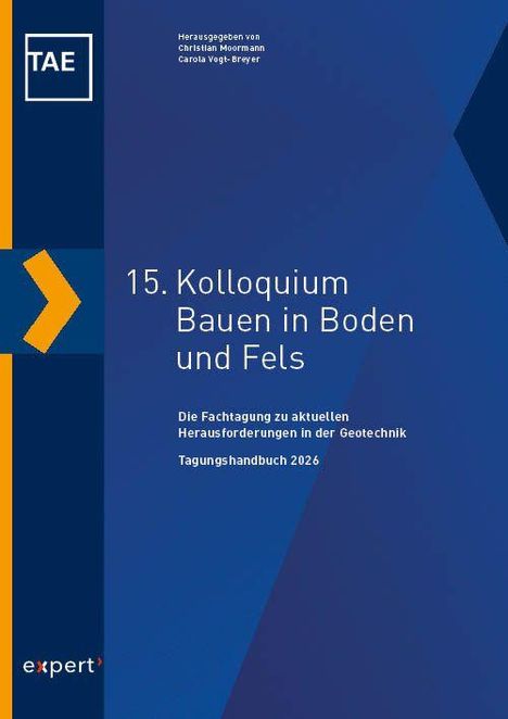 Tagungshandbuch über Geotechnik 2026. Blaues Cover, links Logo TAE und gelber Pfeil. Herausgeber: Christian Moormann, Carola Vogt-Breyer.