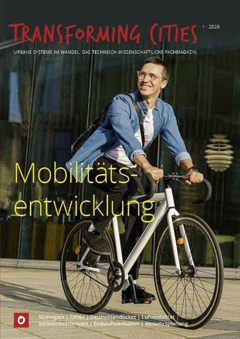Titel: TRANSFORMING CITIES. Untertitel: Urbane Systeme im Wandel. Haupttext: Mobilitätsentwicklung. Mann mit Fahrrad, urbaner Hintergrund.
