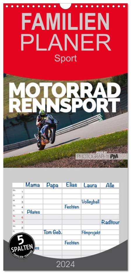 Photography Pm: Familienplaner 2024 - Motorrad Rennsport mit 5 Spalten (Wandkalender, 21 x 45 cm) CALVENDO, Kalender