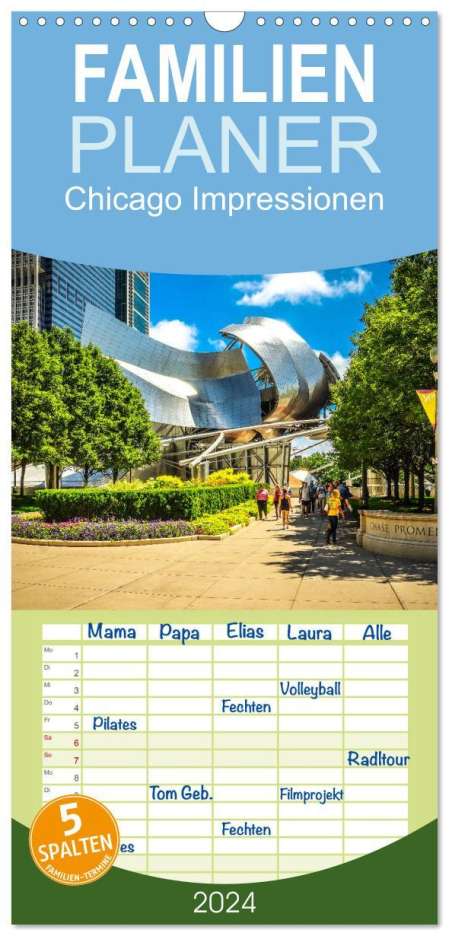 Dirk Meutzner: Familienplaner 2024 - Chicago Impressionen mit 5 Spalten (Wandkalender, 21 x 45 cm) CALVENDO, Kalender