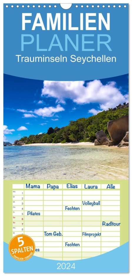 Dirk Meutzner: Familienplaner 2024 - Trauminseln Seychellen mit 5 Spalten (Wandkalender, 21 x 45 cm) CALVENDO, Kalender