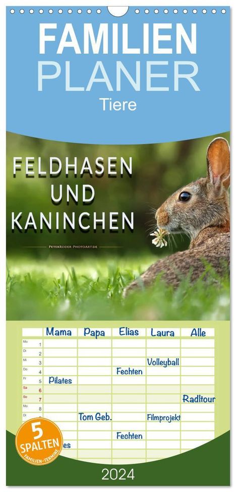 Peter Roder: Familienplaner 2024 - Feldhasen und Kaninchen mit 5 Spalten (Wandkalender, 21 x 45 cm) CALVENDO, Kalender