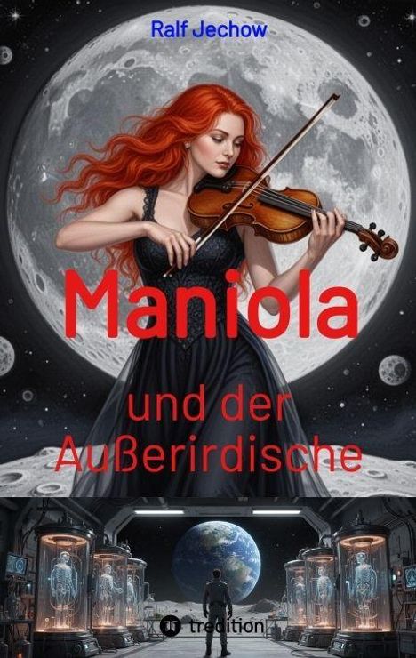 Text: "Ralf Jechow", "Maniola und der Außerirdische". Illustration: Frau mit rotem Haar spielt Geige vor großem Mond. Darunter: Laborumgebung.