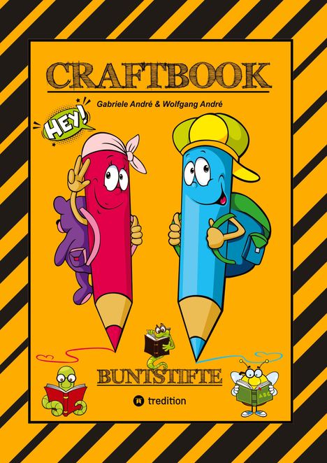 "CRAFTBOOK", "HEY!", "BUNTSTIFTE", zwei bunte Bleistifte, die lächeln und Bücher haltende Tiere auf gelbem Hintergrund.