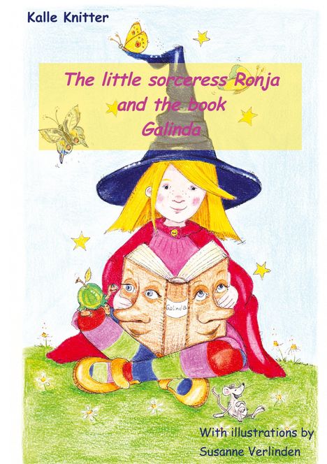 "The little sorceress Ronja and the book Galinda" steht auf einem hellen Hintergrund. Illustration: Mädchen mit Zauberhut.