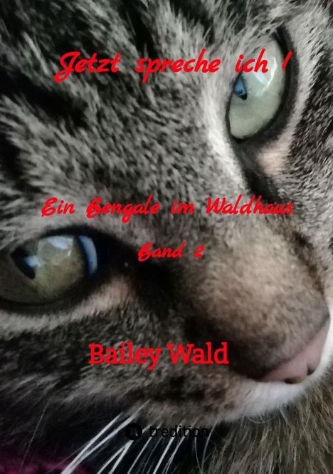 "Jetzt spreche ich! Ein Bengale im Waldhaus Band 2 Bailey Wald." Nahaufnahme eines Katzenkopfes mit gestreiftem Fell.