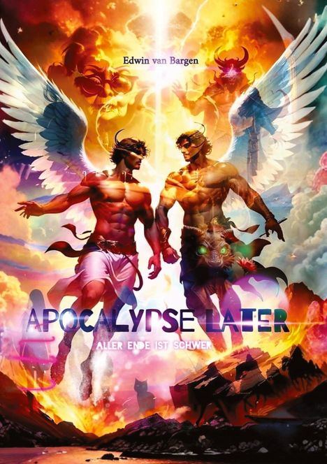 Text: "Edwin van Bargen", "APOCALYPSE LATER", "ALLER ENDE IST SCHWER". Zwei muskulöse geflügelte Männer in dramatischer Szene.
