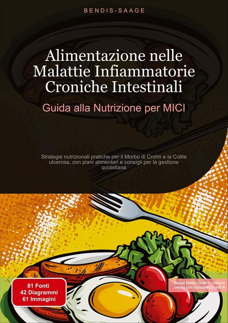Titel "Alimentazione nelle Malattie Infiammatorie Croniche Intestinali" über einem Teller mit Essen.
