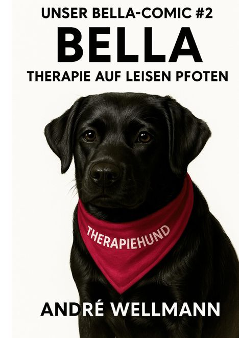 „UNSER BELLA-COMIC #2“, „BELLA“, „THERAPIE AUF LEISEN PFOTEN“, „THERAPIEHUND“, „ANDRÉ WELLMANN“. Schwarzer Hund mit rotem Halstuch.
