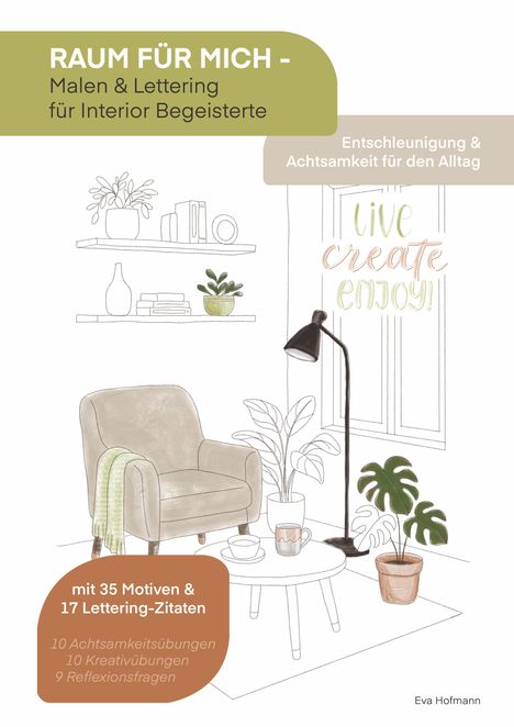 "RAUM FÜR MICH - Malen & Lettering" steht oben. Illustration eines gemütlichen Wohnzimmers mit Pflanzen und Sessel.