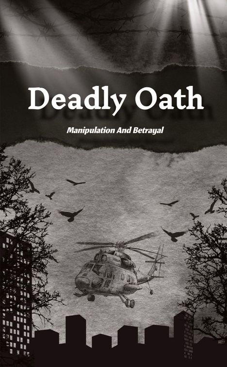 "Deadly Oath. Manipulation And Betrayal." Ein Hubschrauber fliegt zwischen Bäumen und Gebäuden, umgeben von Vögeln.