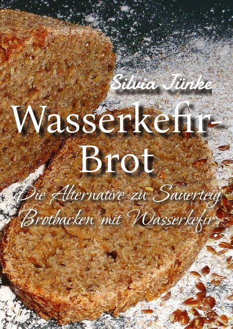 Titel: Wasserkefir-Brot. Beschreibung: Die Alternative zu Sauerteig. Ansicht eines angeschnittenen Brotes auf mehlbestäubter Oberfläche.