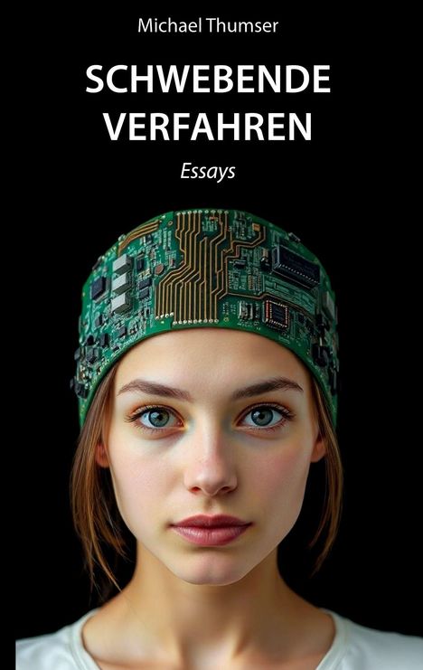„Schwebende Verfahren, Essays“ von Michael Thumser. Eine Frau trägt eine Mütze aus Leiterplatten vor schwarzem Hintergrund.