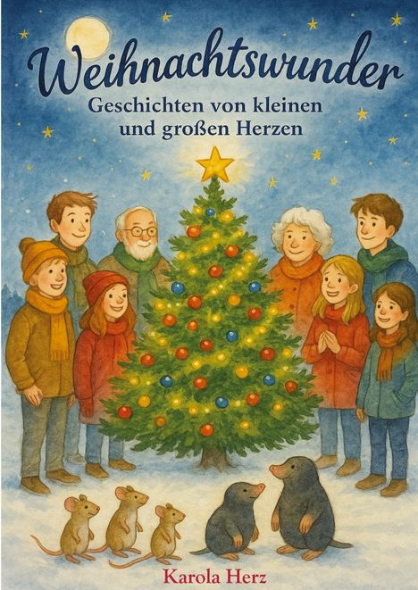 "Weihnachtswunder. Geschichten von kleinen und großen Herzen. Karola Herz." Illustration einer Gruppe um einen Weihnachtsbaum.