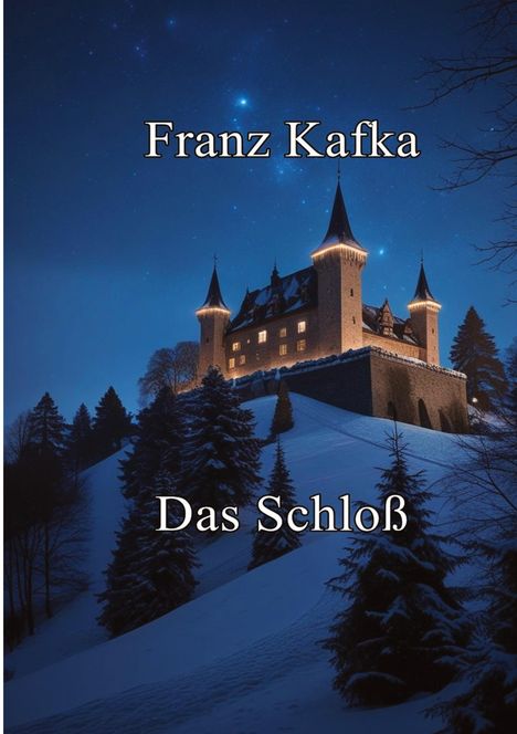 "Franz Kafka - Das Schloß" steht über einem beleuchteten Schloss auf einem verschneiten Hügel, umgeben von Tannen.