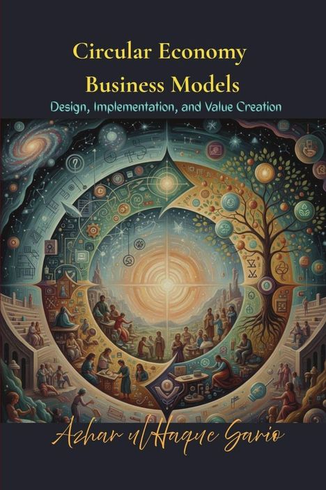 Text: "Circular Economy Business Models: Design, Implementation, and Value Creation." Illustration mit kosmischen und kreisförmigen Elementen.