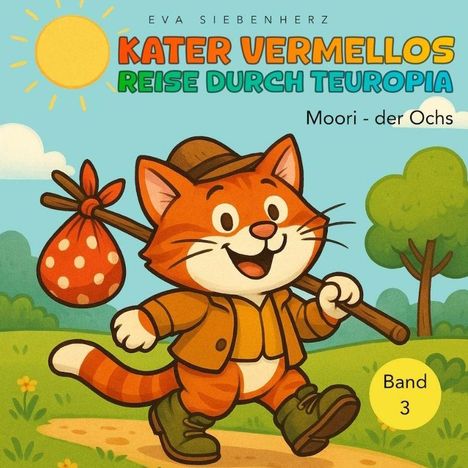 "Kater Vermellos: Reise durch Teuropia", Band 3, Moori – der Ochs. Der Kater trägt Kleidung und Hut, läuft fröhlich.