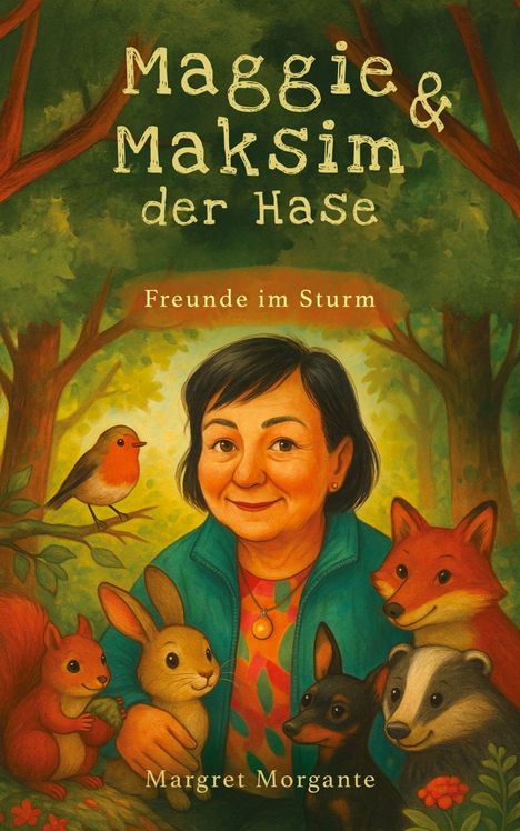 "Maggie & Maksim der Hase: Freunde im Sturm, Margret Morgante." Illustration einer Frau im Wald, umgeben von Tieren.