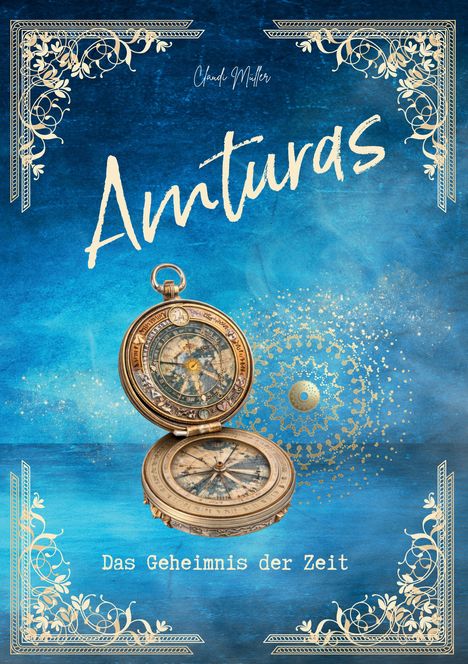 Am Turas – Das Geheimnis der Zeit. Illustration mit Kompass auf blauem Hintergrund und dekorativen goldenen Ecken.