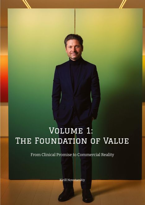 Ein Mann in Anzug vor einem grün-gelben Verlaufs-Hintergrund. Texte: "Volume 1: The Foundation of Value" und mehr.