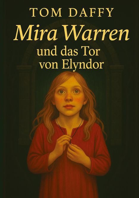 Titel: Mira Warren und das Tor von Elyndor. Illustration eines Mädchens im roten Kleid vor einem steinernen Torbogen.