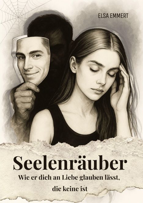 "Seelenräuber: Wie er dich an Liebe glauben lässt, die keine ist" von Elsa Emmert. Illustration: Mann mit Maske, Frau traurig.