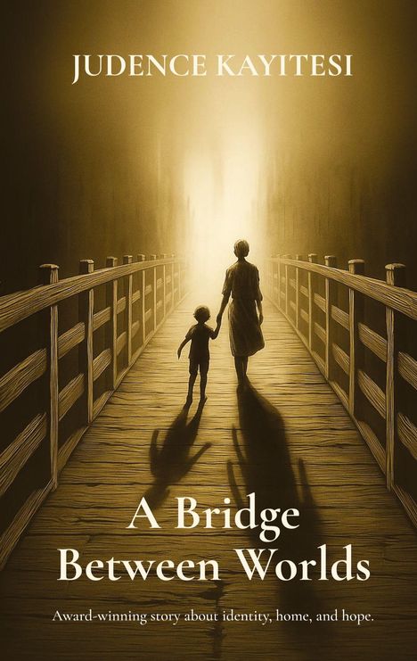 "JUDENCE KAYITESI. A Bridge Between Worlds. Award-winning story about identity, home, and hope." Illustration von Frau und Kind auf Brücke.