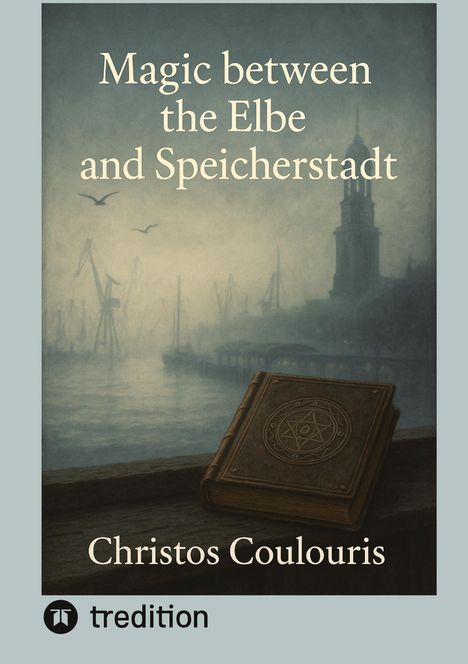 "Magic between the Elbe and Speicherstadt," Christos Coulouris. Illustration: Hafen mit Möwen, Schiffen und einem altmodischen Buch.