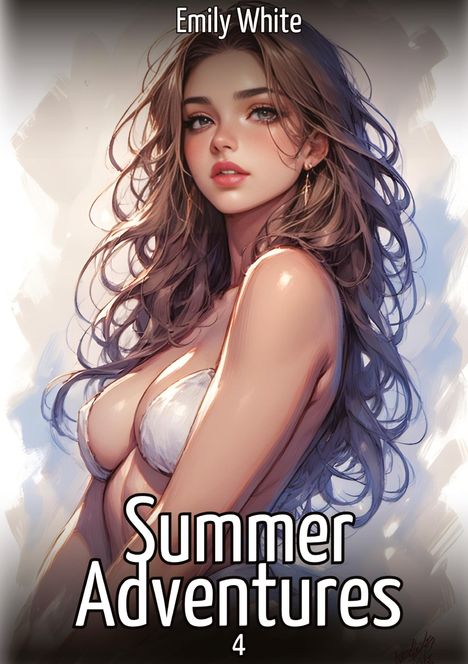 „Emily White: Summer Adventures 4.“ Eine Frau mit welligem Haar und weißem Bikini in einer Illustration.