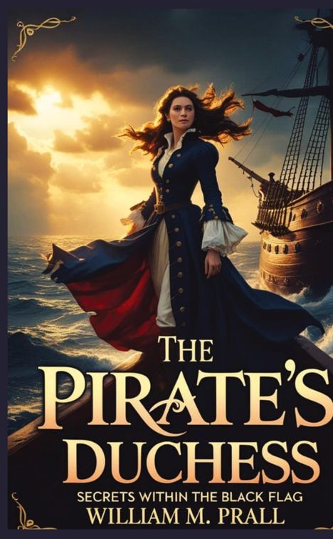 „The Pirate's Duchess“ in großen Buchstaben. Eine Frau in Piratenkleidung steht entschlossen auf einem Schiff, Sonnenuntergang im Hintergrund.