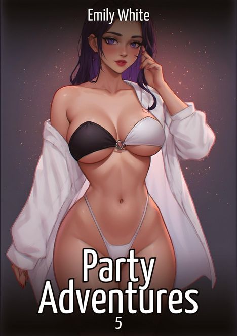 "Emily White. Party Adventures 5." Illustration einer Frau in Unterwäsche mit offenem Hemd vor einem dunklen Hintergrund.