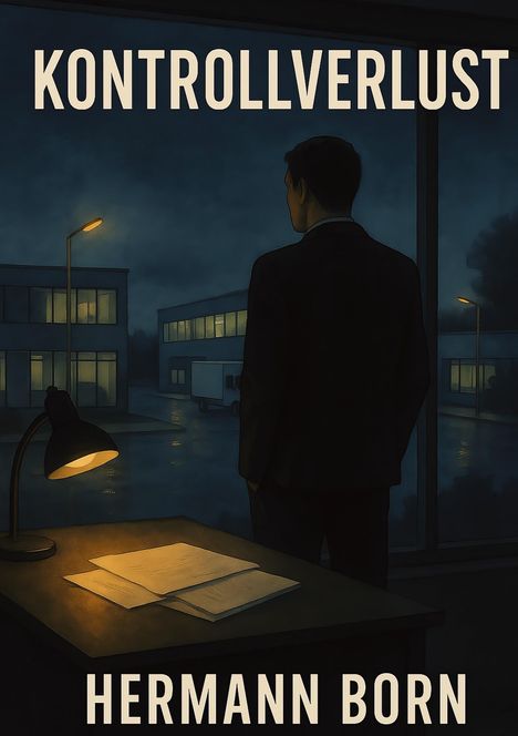 „KONTROLLVERLUST“ und „HERMANN BORN“. Ein Mann schaut aus einem Fenster auf einen regnerischen Parkplatz mit Lkw.
