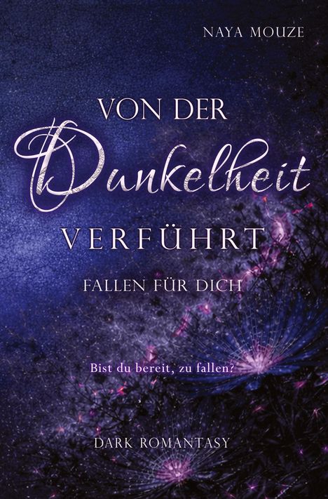 "Von der Dunkelheit verführt" und "Naya Mouze". Dunkler Hintergrund mit leuchtenden, blumigen Mustern.