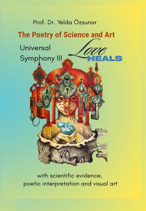 „Prof. Dr. Yelda Özsunar, The Poetry of Science and Art, Universal Symphony III, Love Heals“; surrealistische Illustration einer Frau.