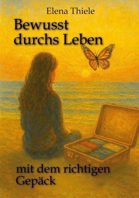 „Elena Thiele, Bewusst durchs Leben, mit dem richtigen Gepäck.“ Frau am Meer mit Koffer, Schmetterling fliegt.