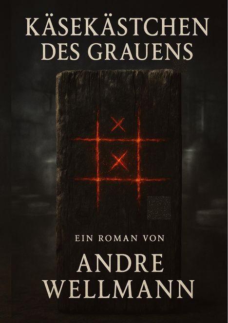 „Käsekästchen des Grauens“, ein Roman von Andre Wellmann. Ein brennendes Tic-Tac-Toe auf dunklem Holz.