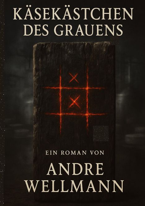 „Käsekästchen des Grauens“, „Ein Roman von Andre Wellmann“. Ein dunkles Brett mit glühendem Tic-Tac-Toe-Muster.