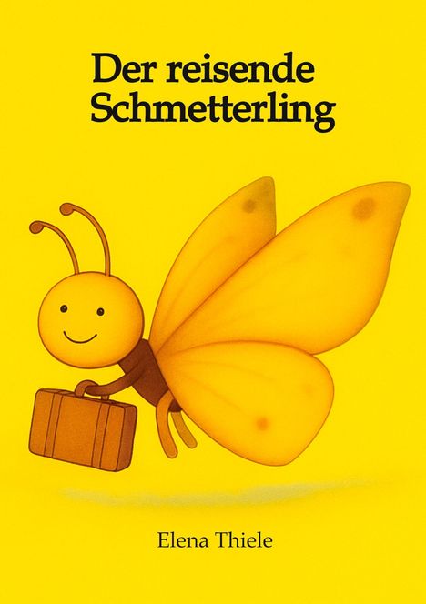 "Der reisende Schmetterling" steht oben. Unten steht "Elena Thiele". Illustration: Lächelnder gelber Schmetterling mit Koffer.